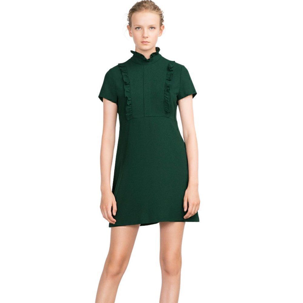 NWOT Zara Dark Forest Green Mock Neck Ruffle Yoke Mini Dress